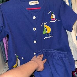 Blue Nautical Button-Up Shirt and Capri Set